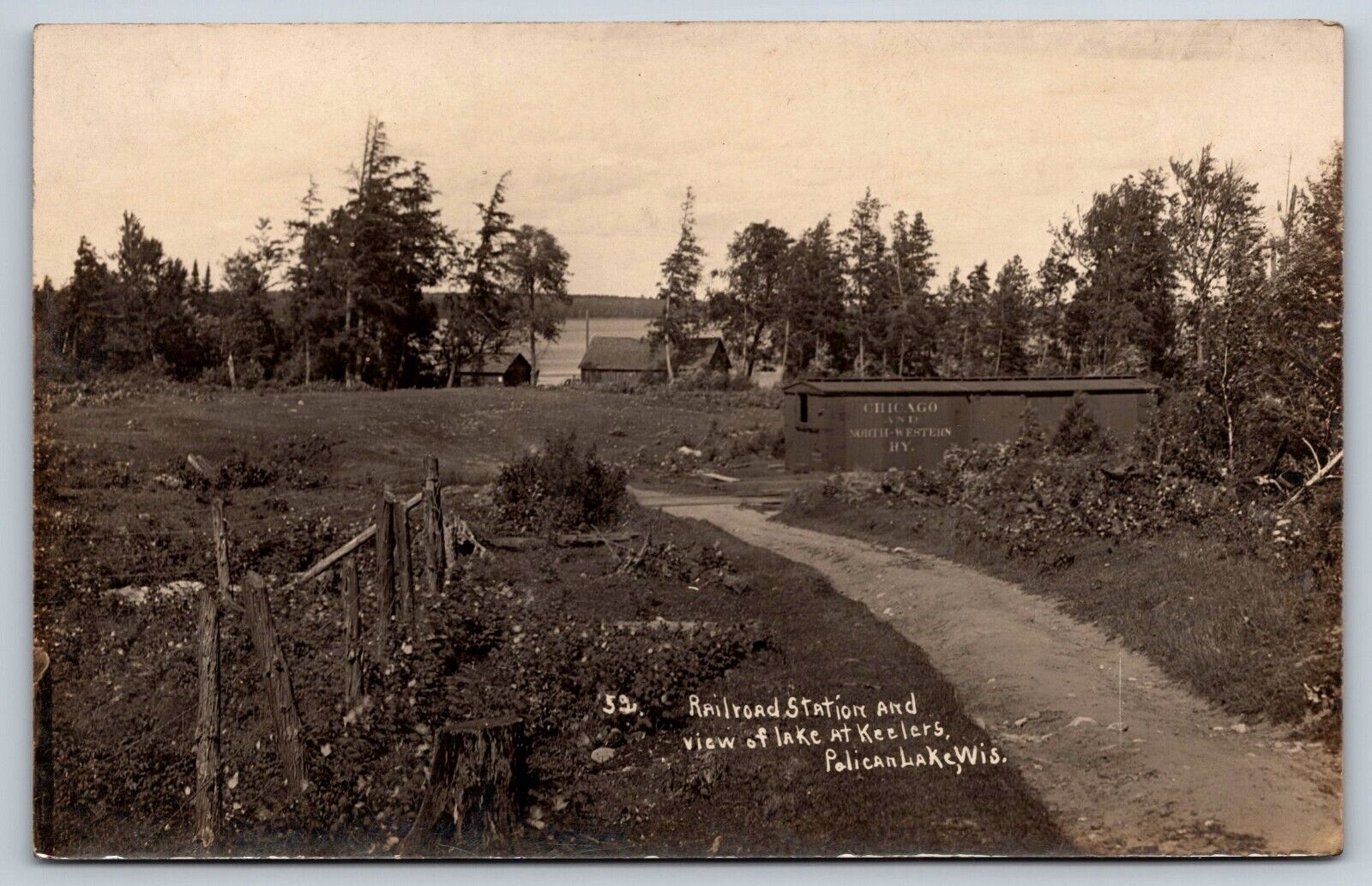 Railroad Station & View Of Lake At Keelers Pelican Lake Wisconsin RPPC Postcard