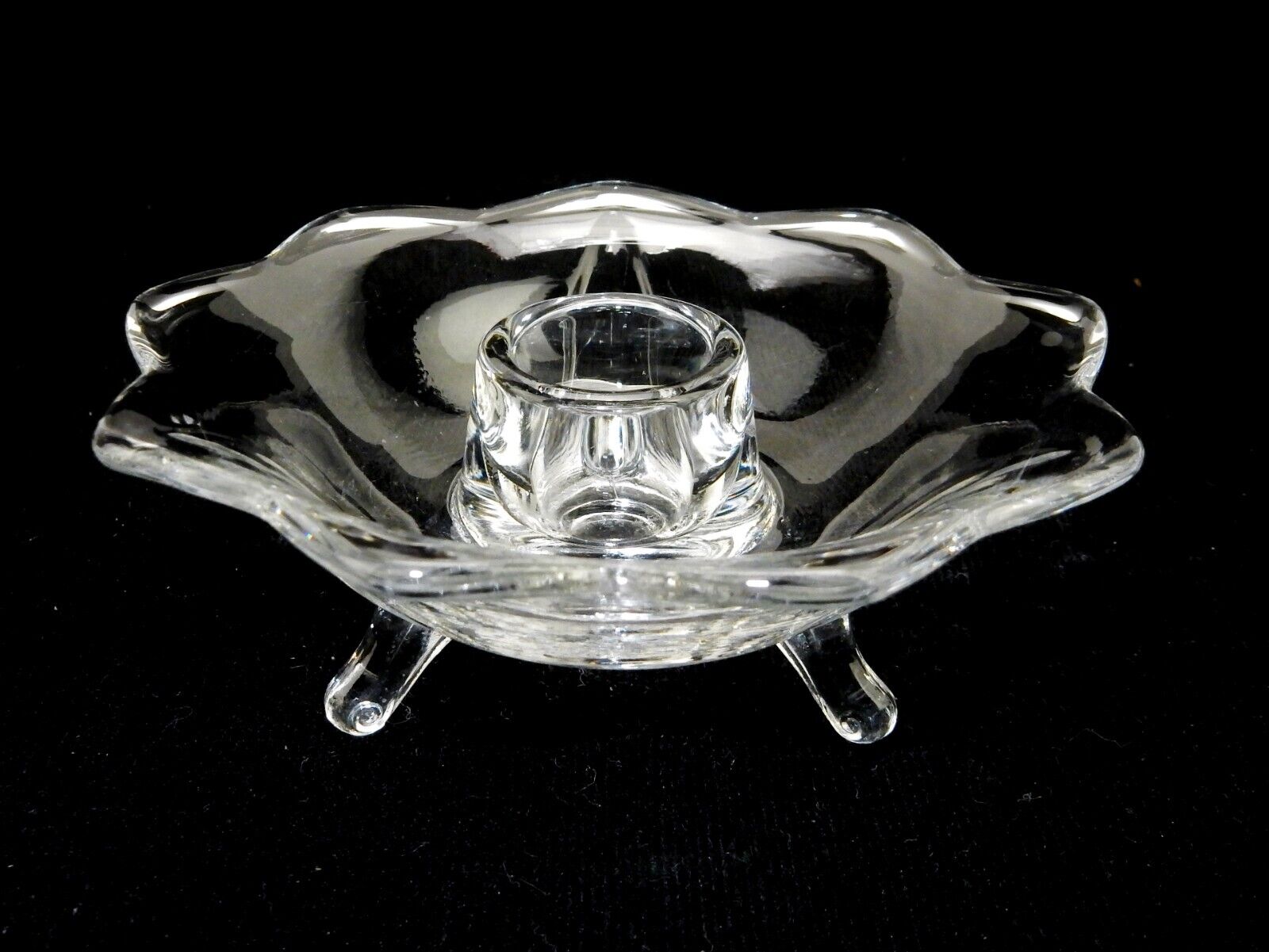 Fenton Accents 3 Legged Candle Holder, Clear Glass, Scalloped 9-Petal Floral Rim