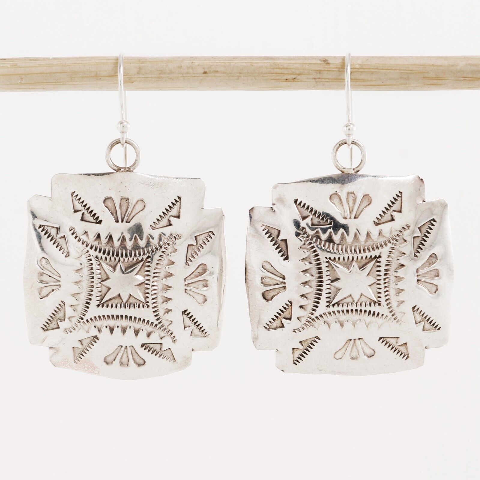NATIVE AMERICAN STERLING SILVER STAMPED SQUARE DANGLE EARRINGS