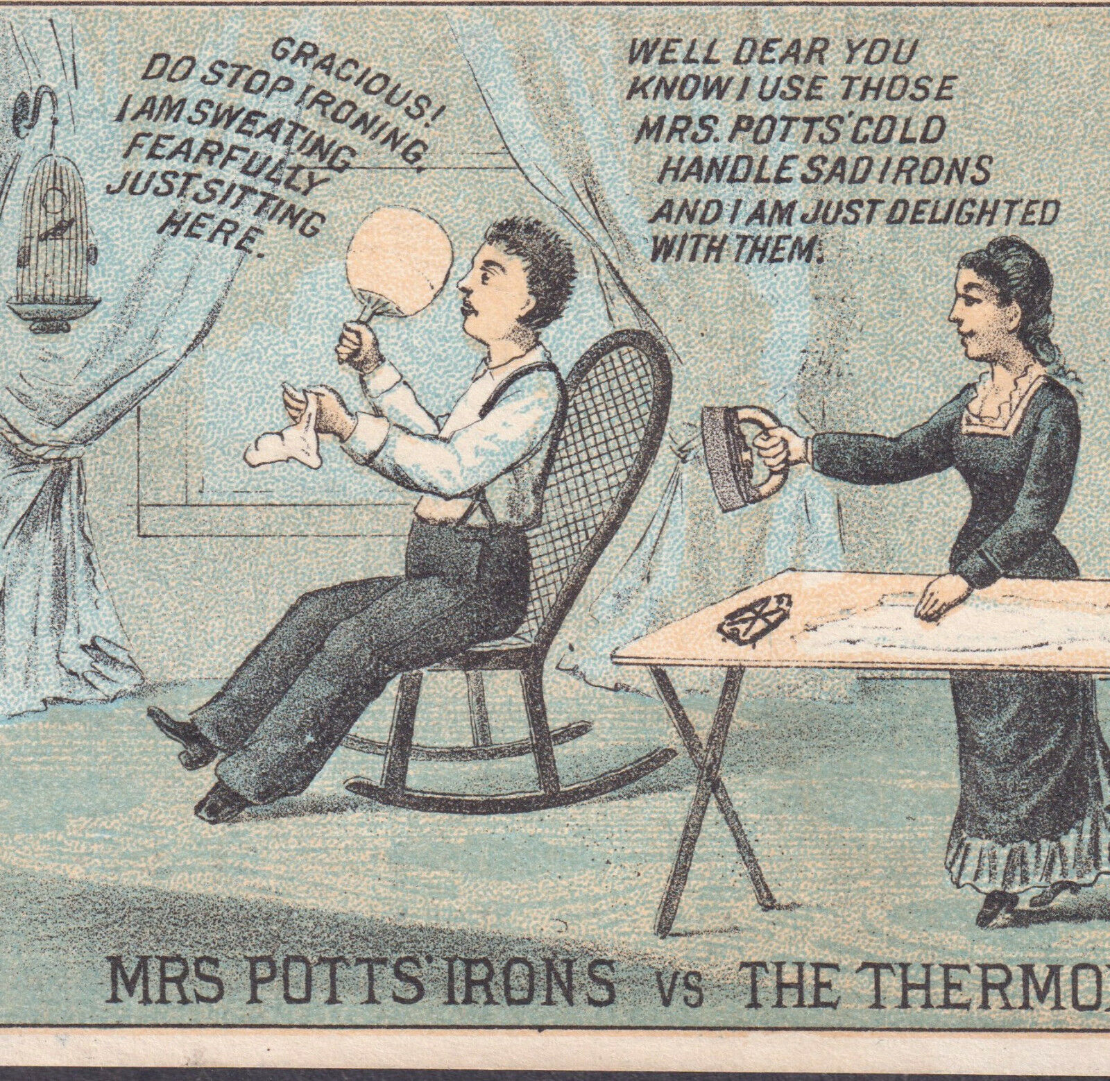 Mrs Potts Iron 1800's Trivet Victorian Housewife vs Husband Troy NY Trade Card