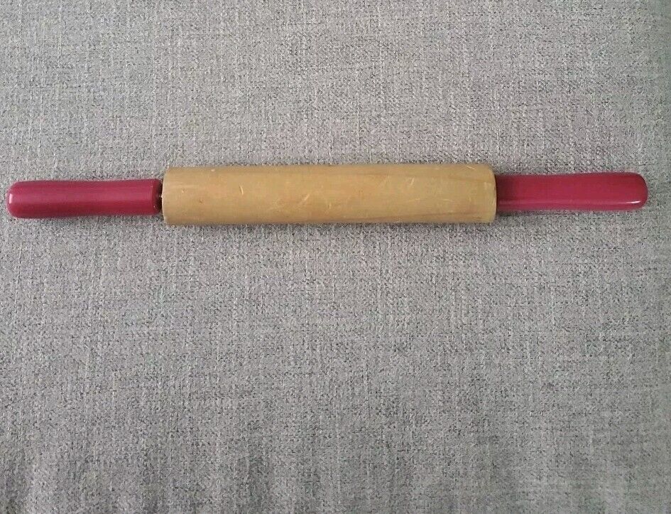 Vintage Red Handle Wooden Childs Rolling Pin Kids Kitchen Toy Miniature 7 “