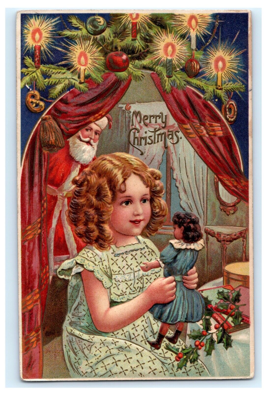 Santa Claus Red Robe Watching Girl w/ Doll Embossed Christmas Postcard F10