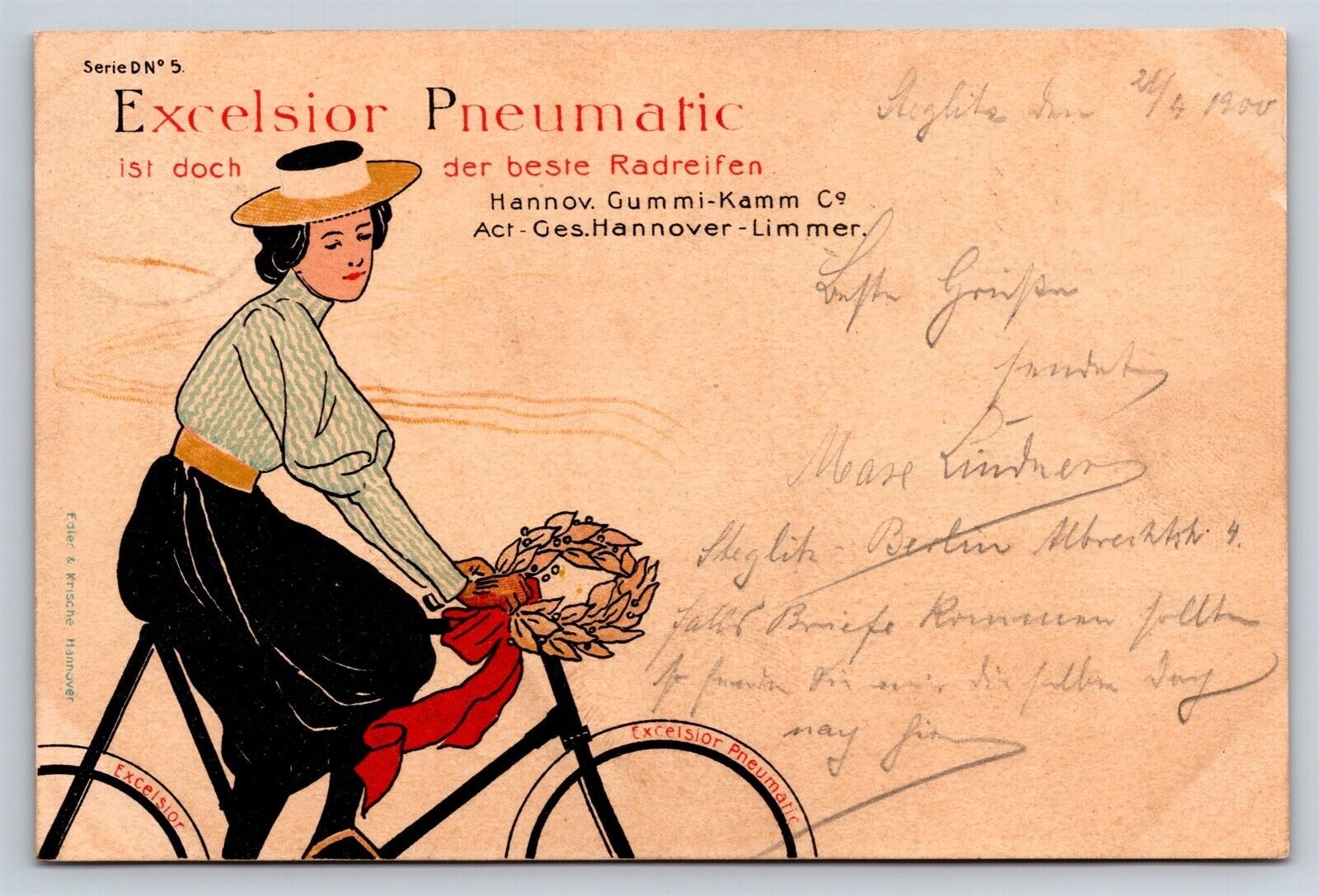 German Advertising Postcard Excelsior Bicycle Tire Woman Riding c1900 AT14