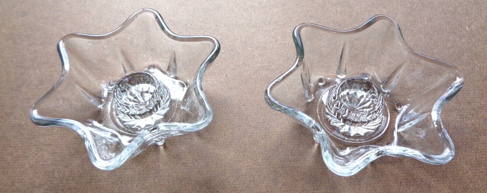 Vintage 5 Point Star Shaped Clear Glass Taper Candlestick Holder Set Of 2