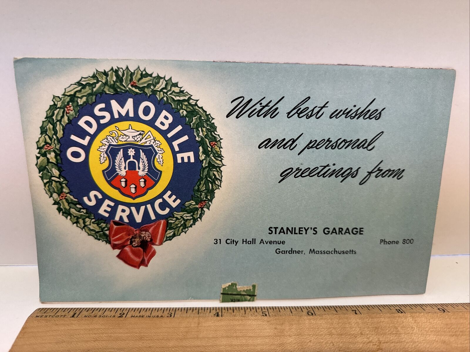 Oldsmobile Stanley\'s Garage Gardner MA Christmas Card 1940\'s?