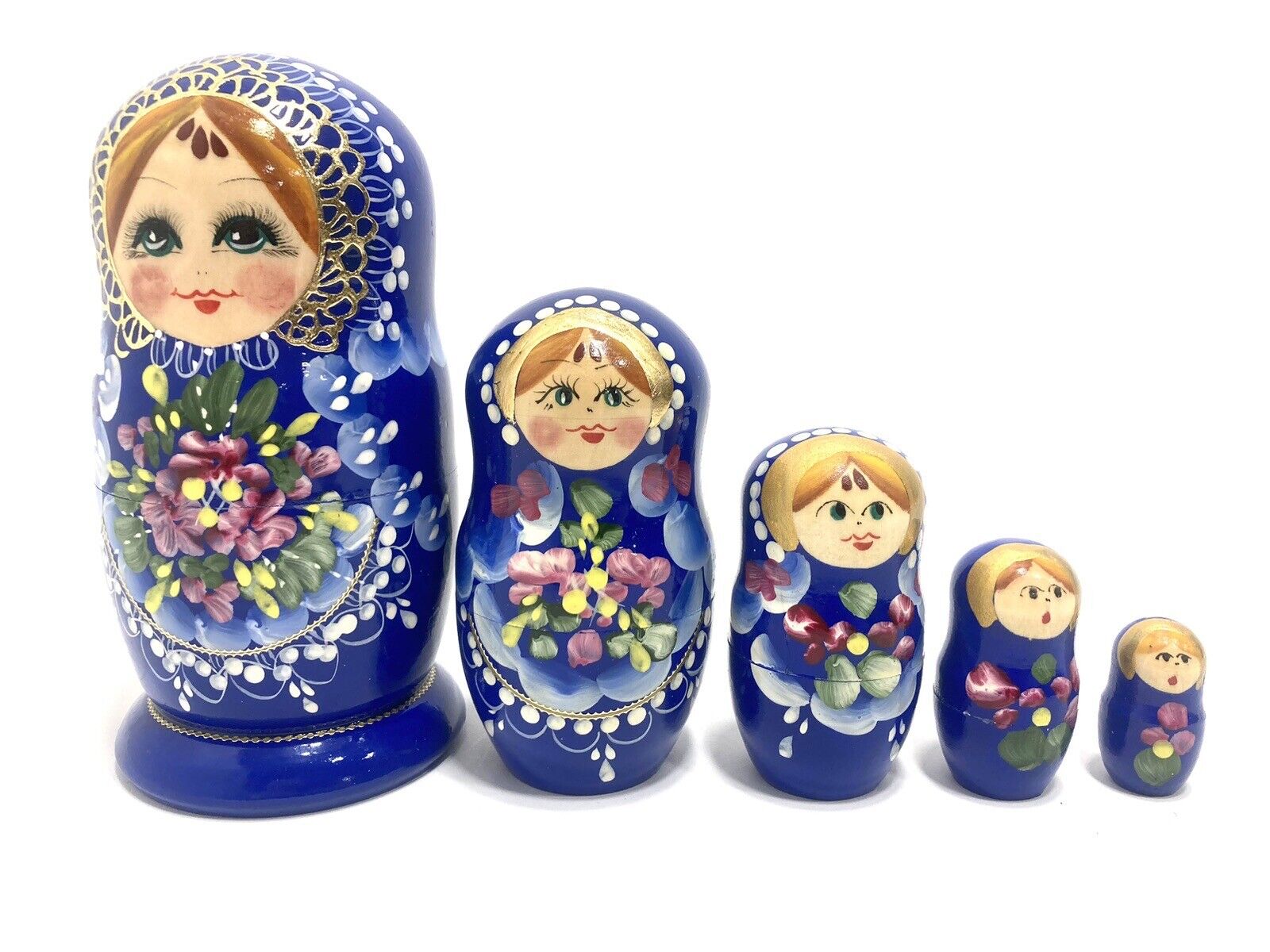 Russian Matryoshka Nesting Dolls 5 Piece Hand Painted Gilded Wood Blue Floral