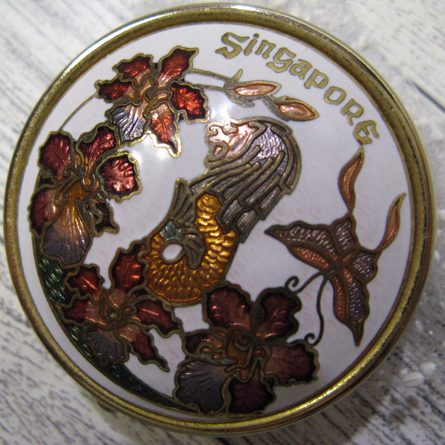 Mini Pill Box Vtg Enamel Singapore Sea Lion Iris Butterfly Guilloche Cloisonné
