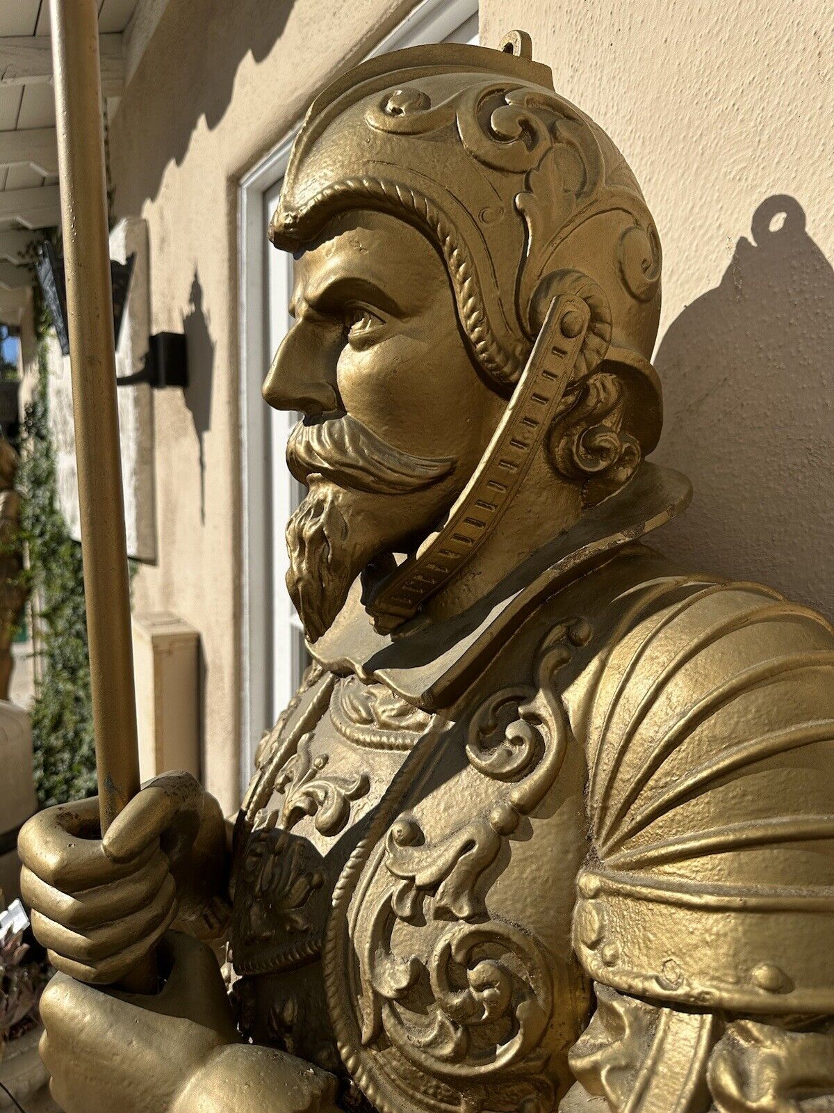 A Pair Gold Life Size Cast Iron Sculptures Spanish Soldiers Guards Conquistadors