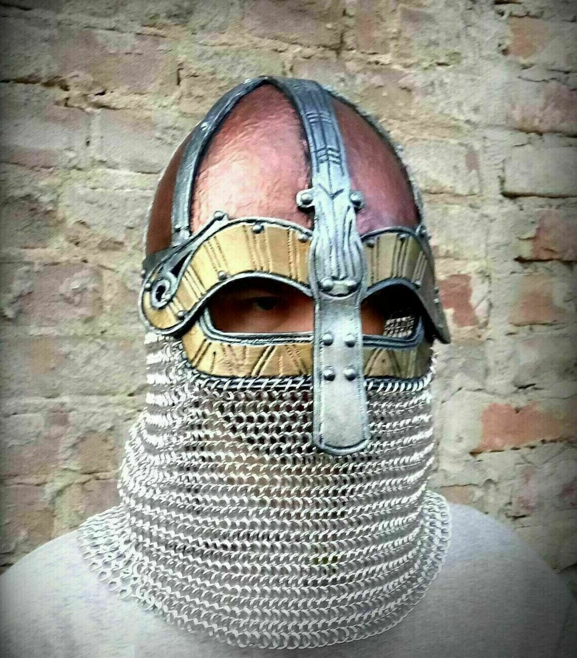 Antique 18GA Steel Medieval With Chain mail Armor Viking Helmet Wearable Warrior