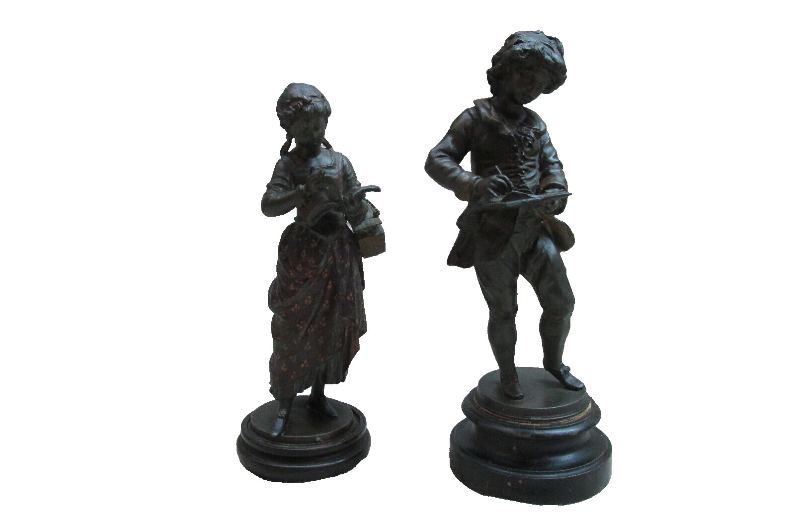 French Boy and Girl Children Reading Books Statue Pair A. Moreau
