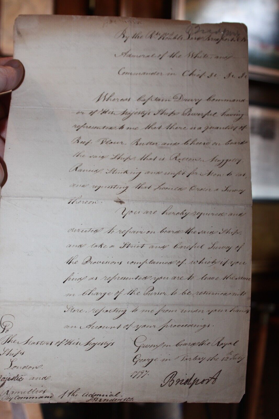 1797 Letter lord Admiral Alexander Hood Viscount Bridport HMS Royal George 