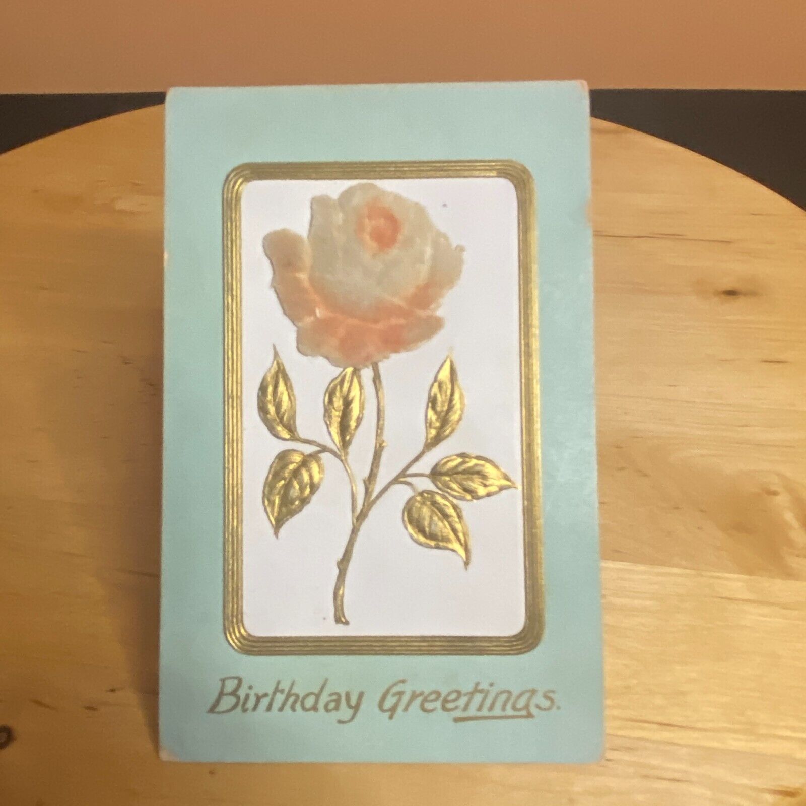 Postcard Raised Felt Rose Flower Birthday Greetings Pink Gold Leaves Embossed