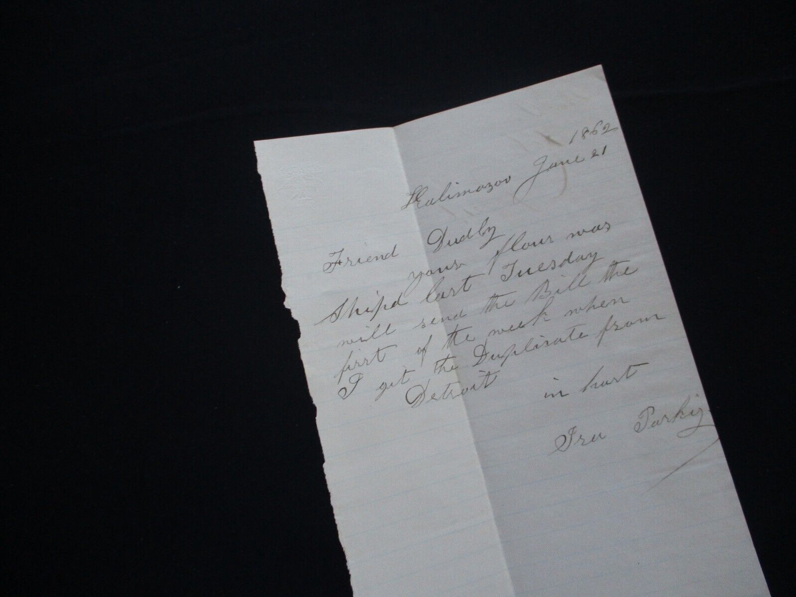 1862 Kalamazoo Michigan Ira Parkis family handwritten signed business letter