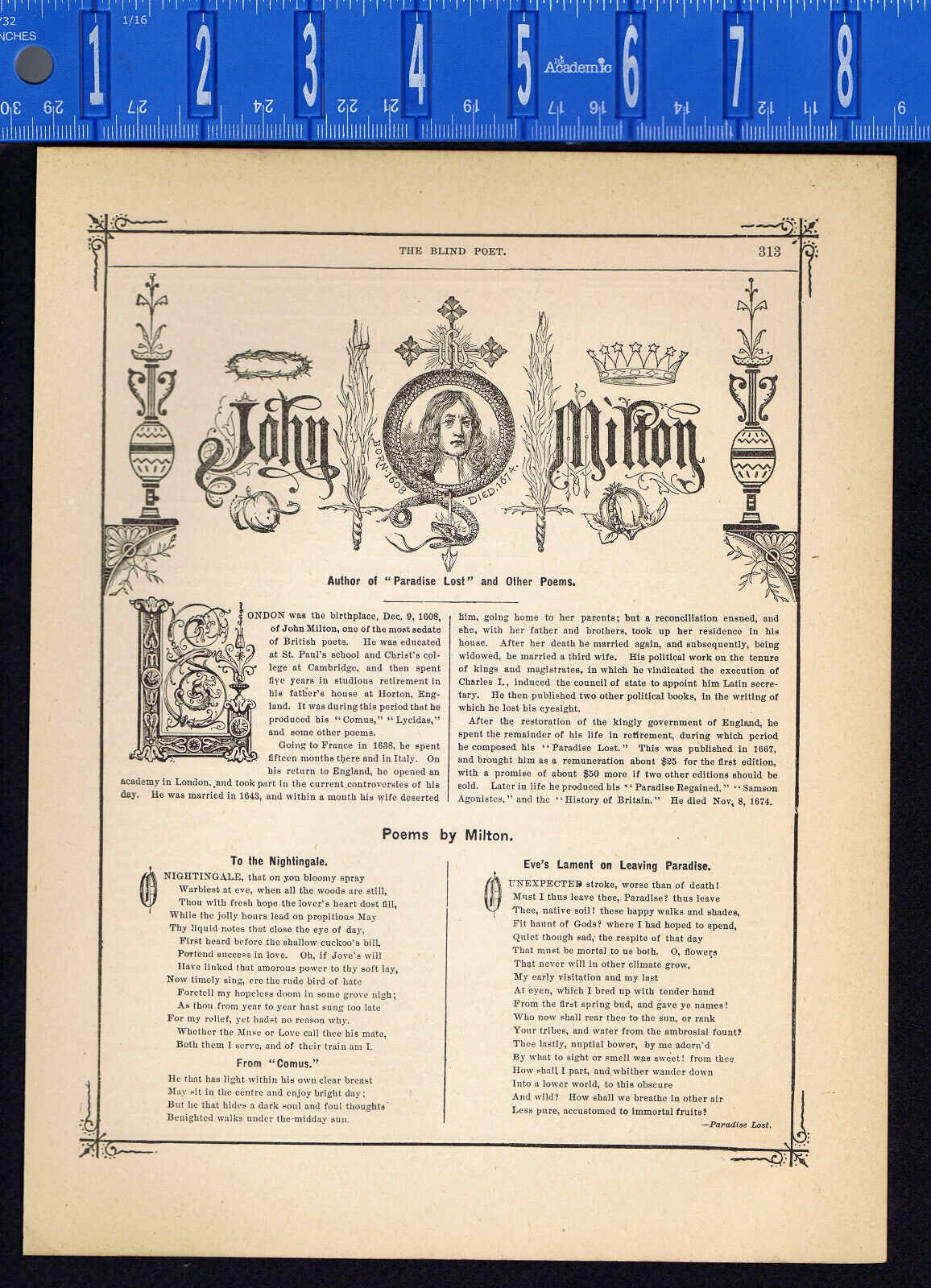 Poets Edgar Allan Poe & John Milton - 1887 Biographical Sketches