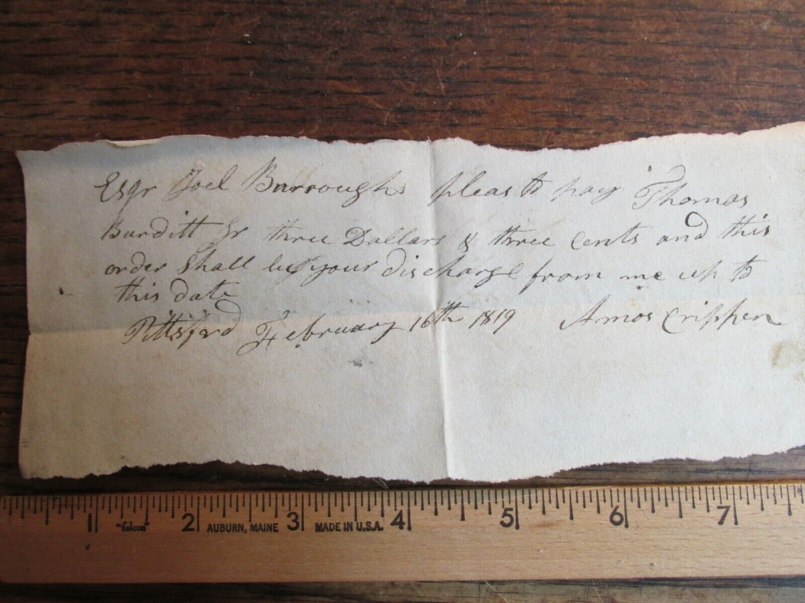 Antique Vintage Ephemera 1819 Handwritten Signed Promissory Note  Pittsford VT