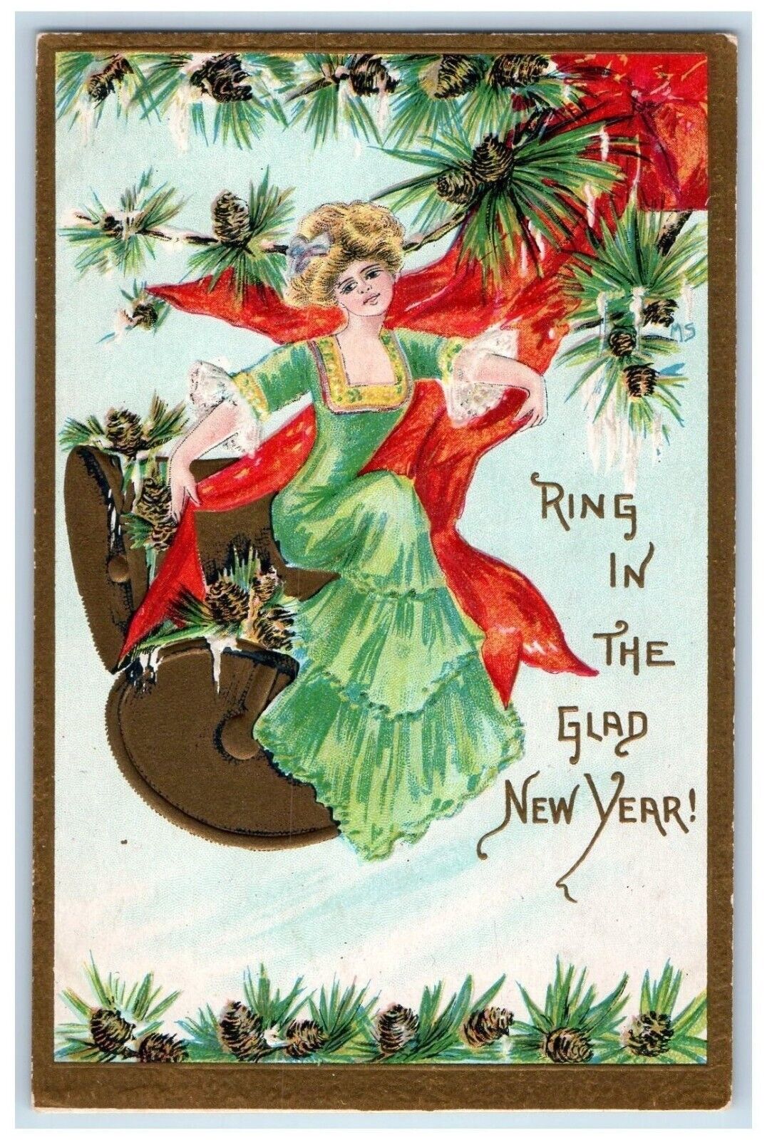 New Year Postcard Pretty Girl Sat On Bells Pinecone Embossed c1910's Antique