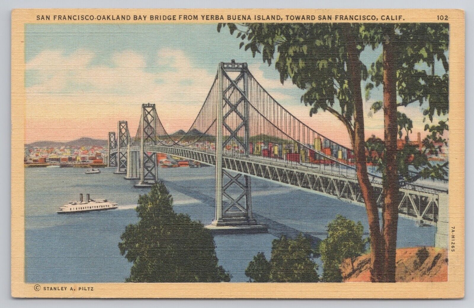 San Francisco Oakland Bay Bridge Yerba Buena Island California CA 1930s Postcard