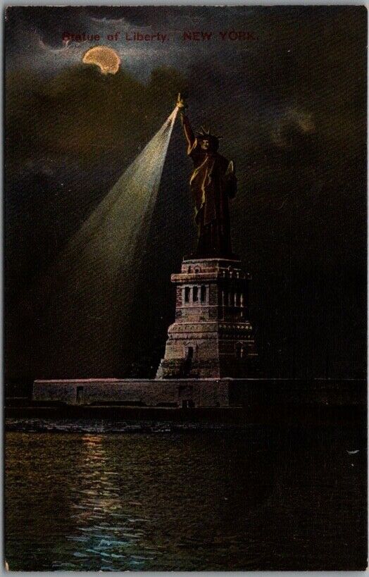 c1910s STATUE OF LIBERTY New York City Postcard Night View / Printed in Germany