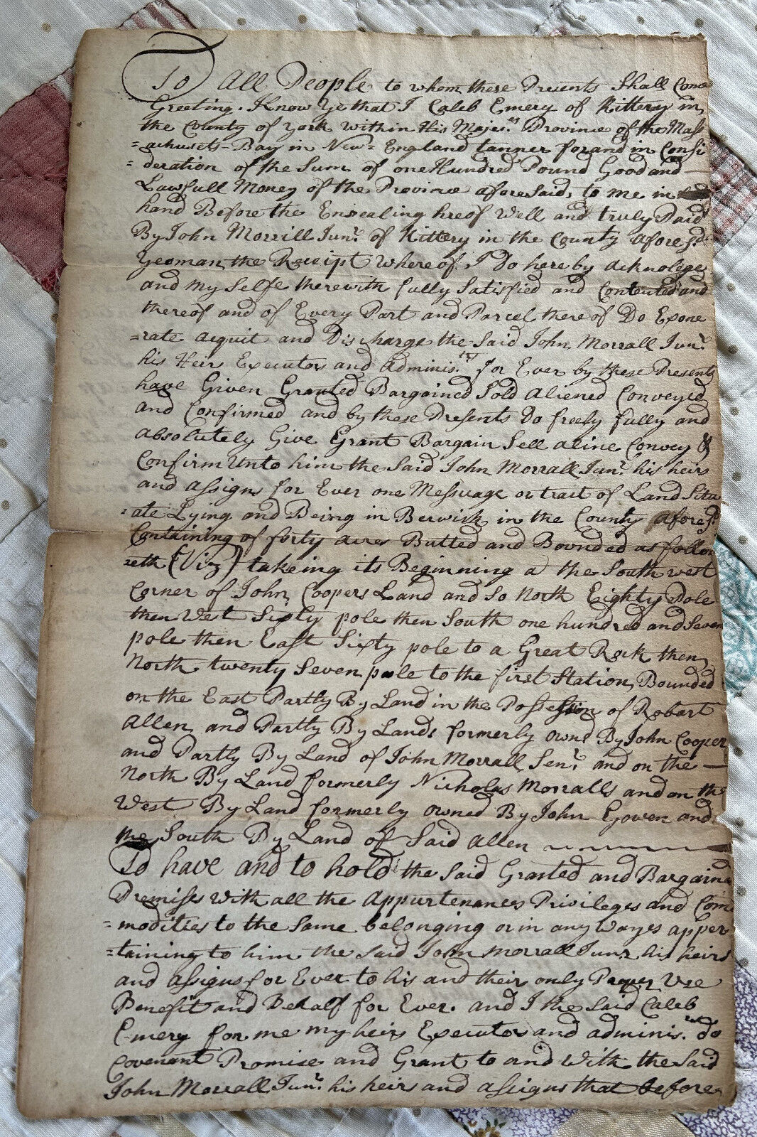 1735 COLONIAL DEED  KITTERY, MAINE * EMERY TO MERRILL * FRENCH & INDIAN WAR VET
