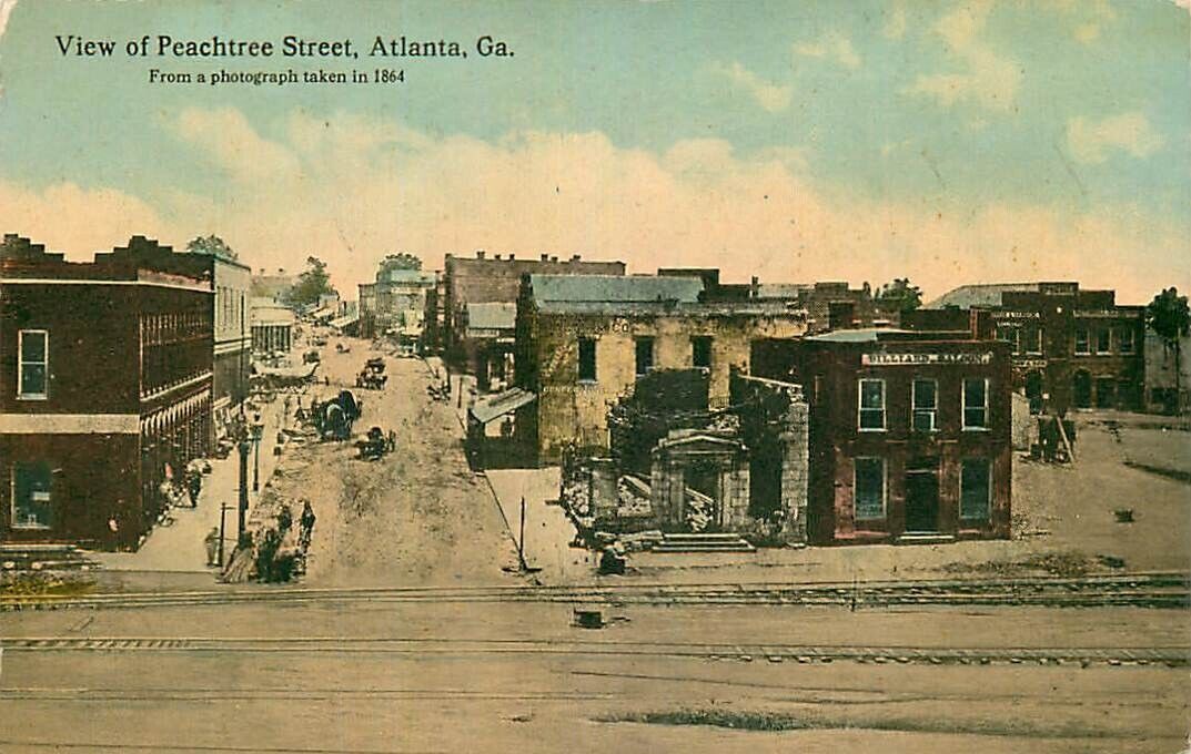 Postcard Peachtree Street in 1864, Civil War, Atlanta, Georgia - circa 1909