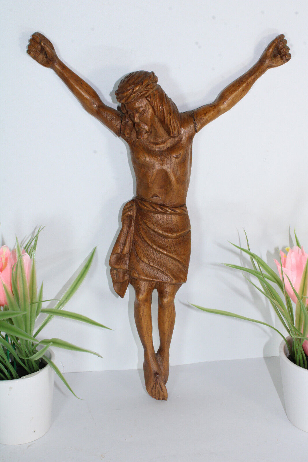 Vintage french wood carved christ crucifix statue figurine 