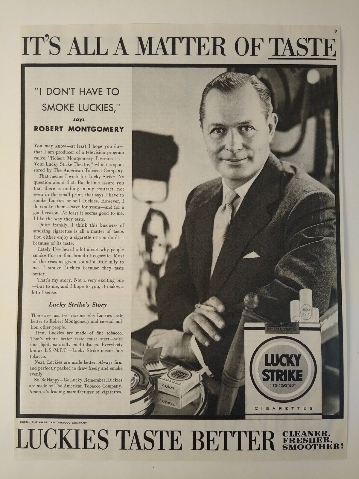 1954 Lucky Strike Cigarettes Robert Montgomery Vintage Print Ad