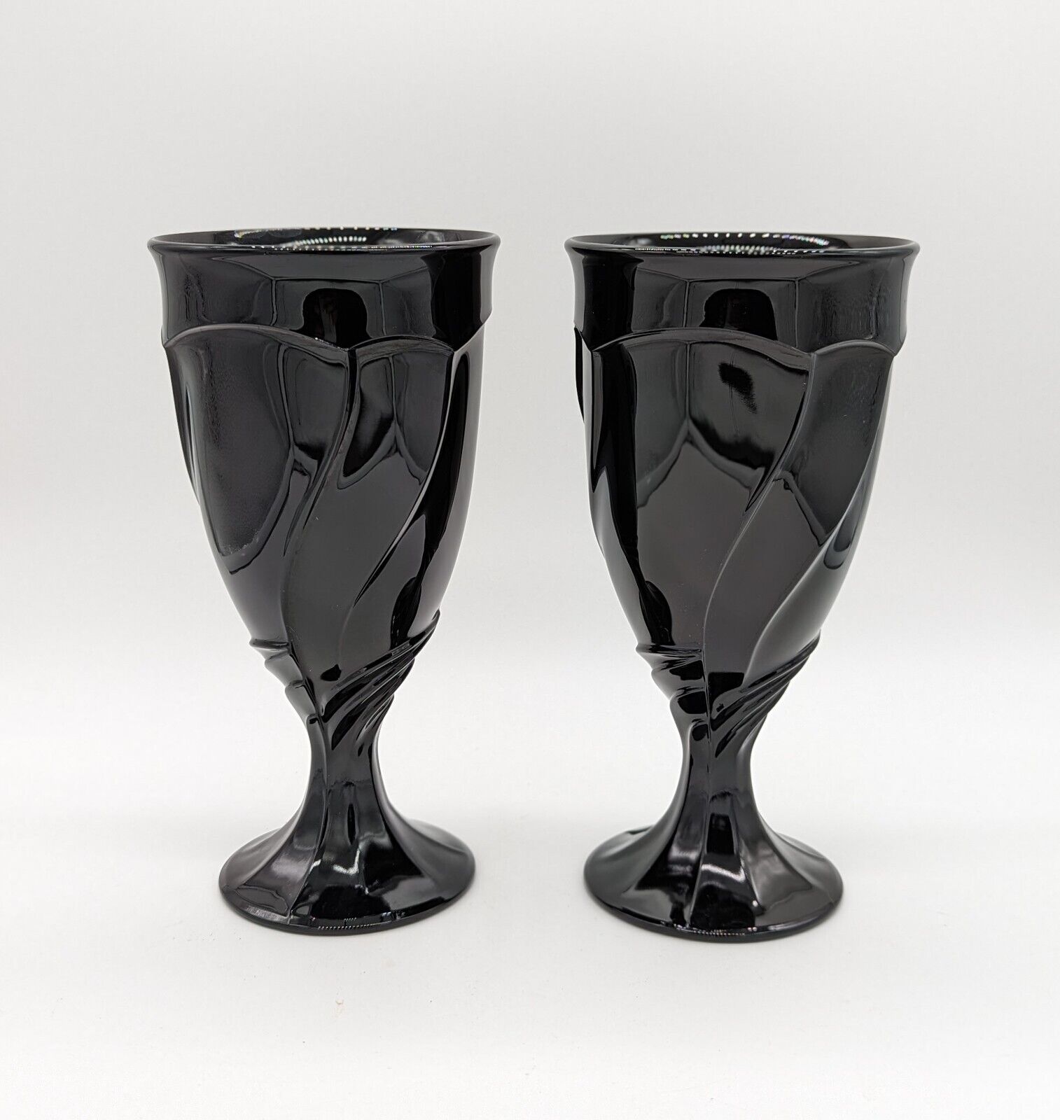 Vintage Pair of Noritake Sweet Swirl Heavy Black Glass Water Goblets 7.5\