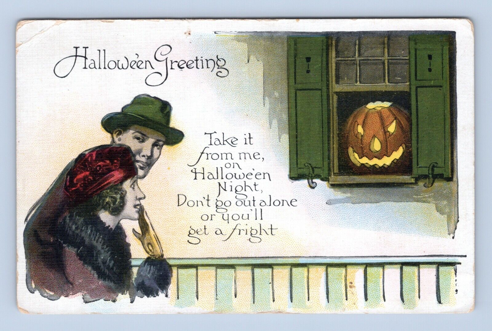 Romantic Couple Woman Scared of a JOL in Window Halloween Postcard Poem Unposted