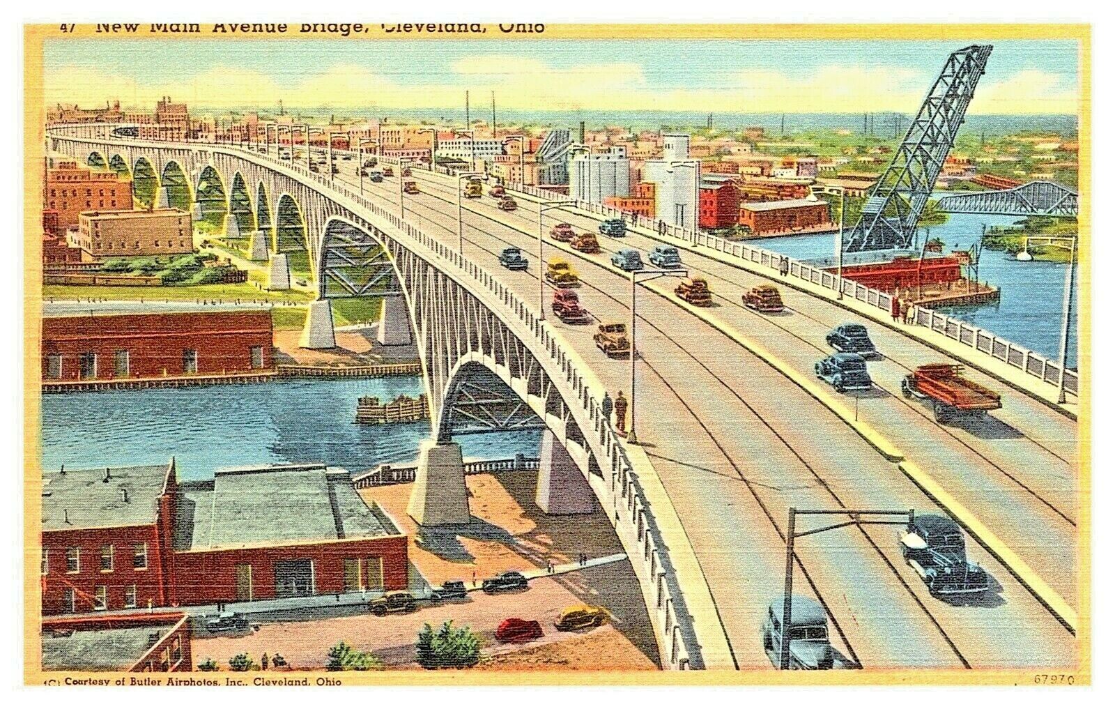 1942 Cleveland Ohio New Main Avenue Bridge Shore Dr Vtg Linen Posted Postcard F6