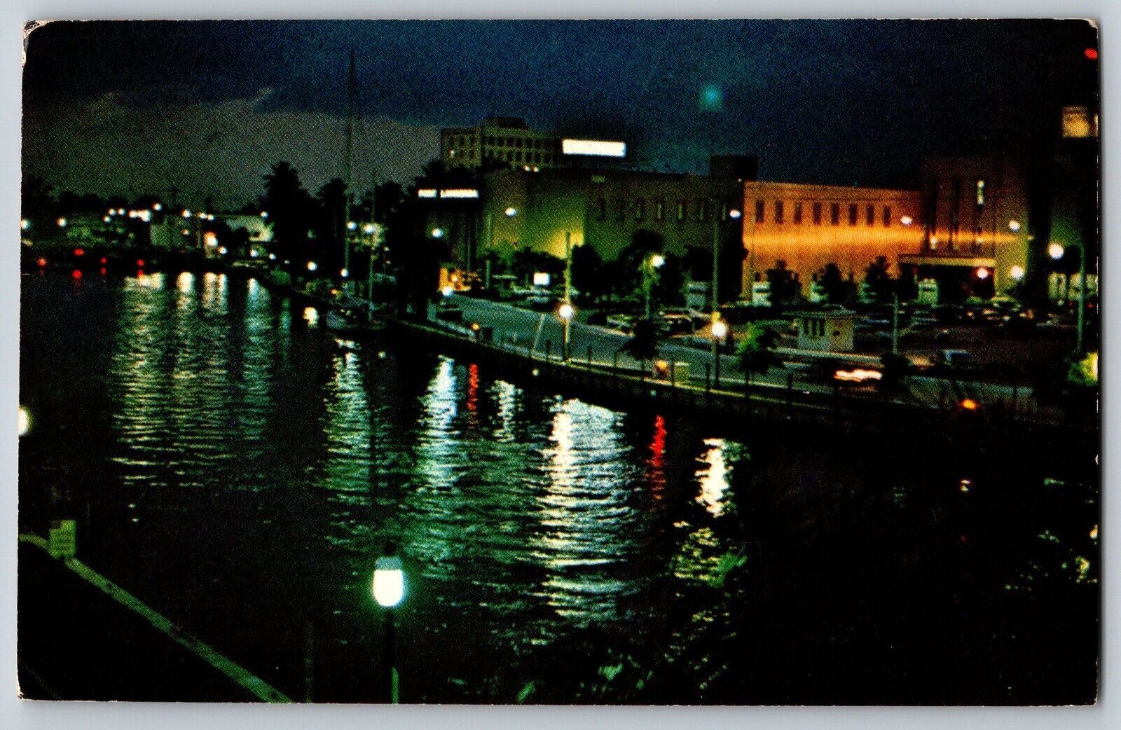 Fort Lauderdale, Florida FL - Mysterious New River at Night - Vintage Postcard