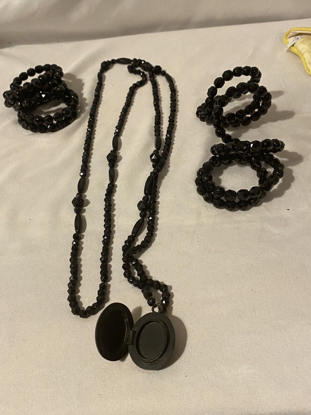 Antique black glass Bead mourning Necklace  with locket and 2 bracelets
