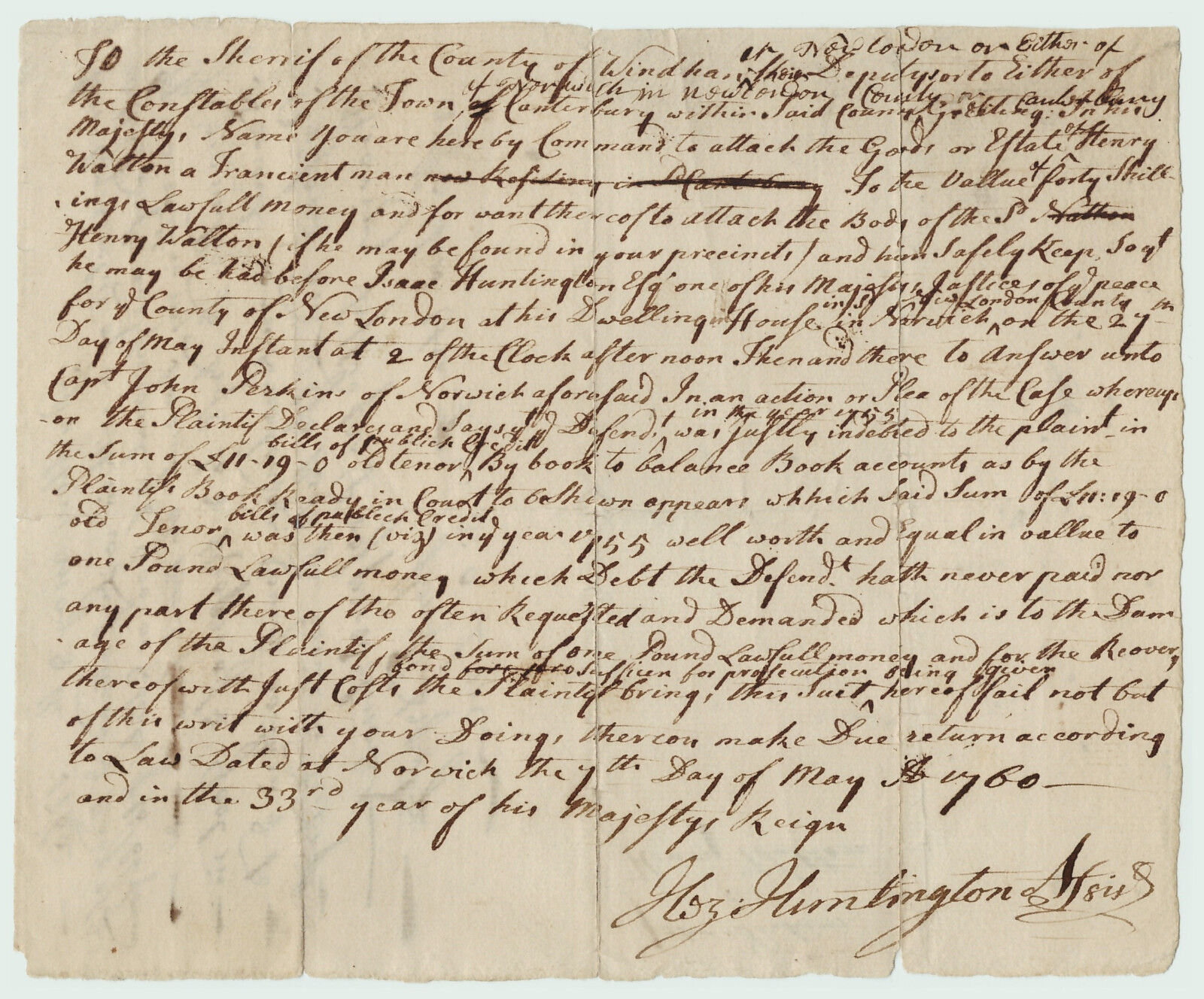 RARE 1760 Manuscript Document Norwich CT Signed Huntington - Capt Perkins