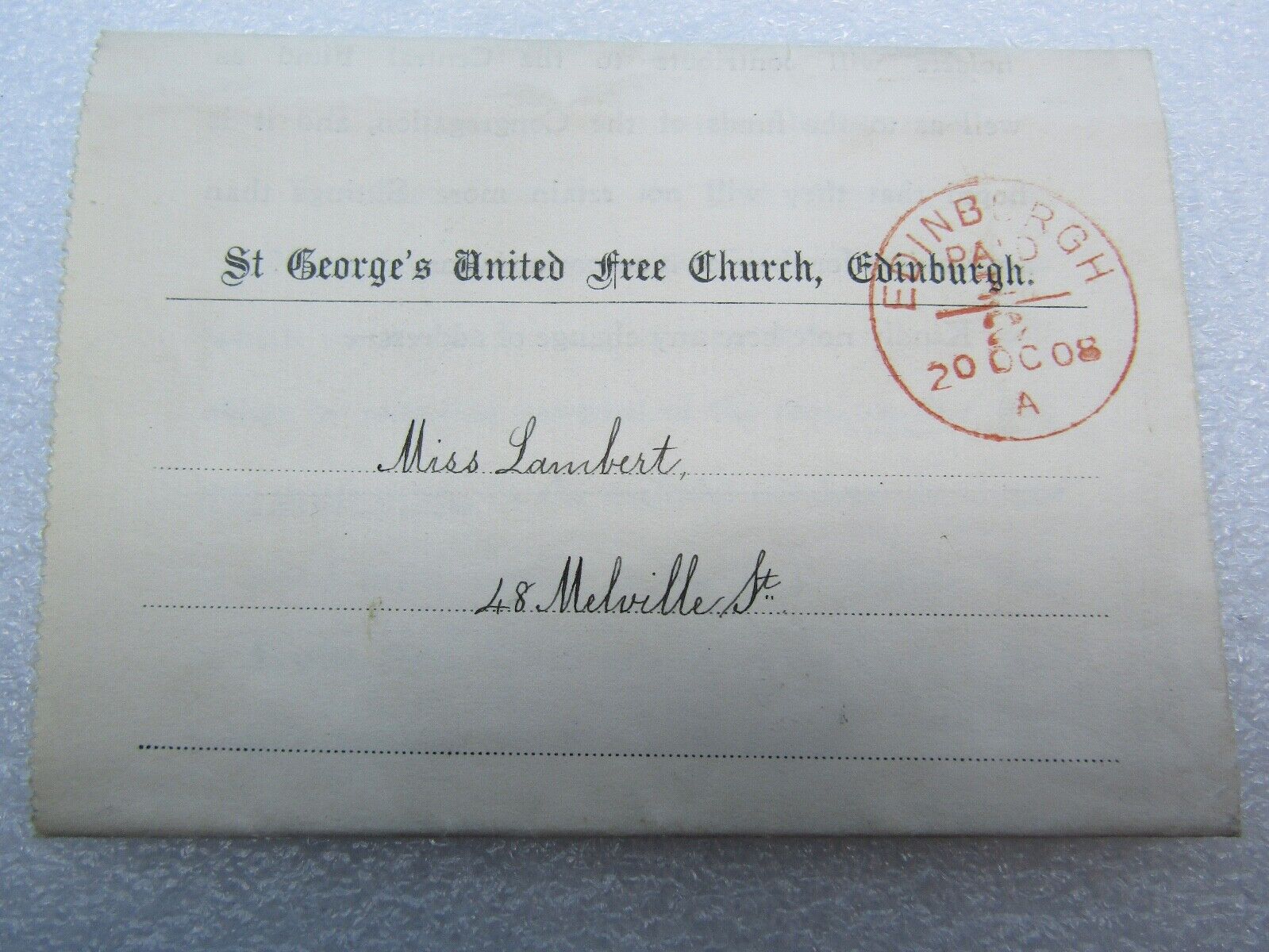 1908-9 ST. GEORGE'S UNITED FREE CHURCH, EDINBURGH - NOTICE TO SEATHOLDERS LETTER