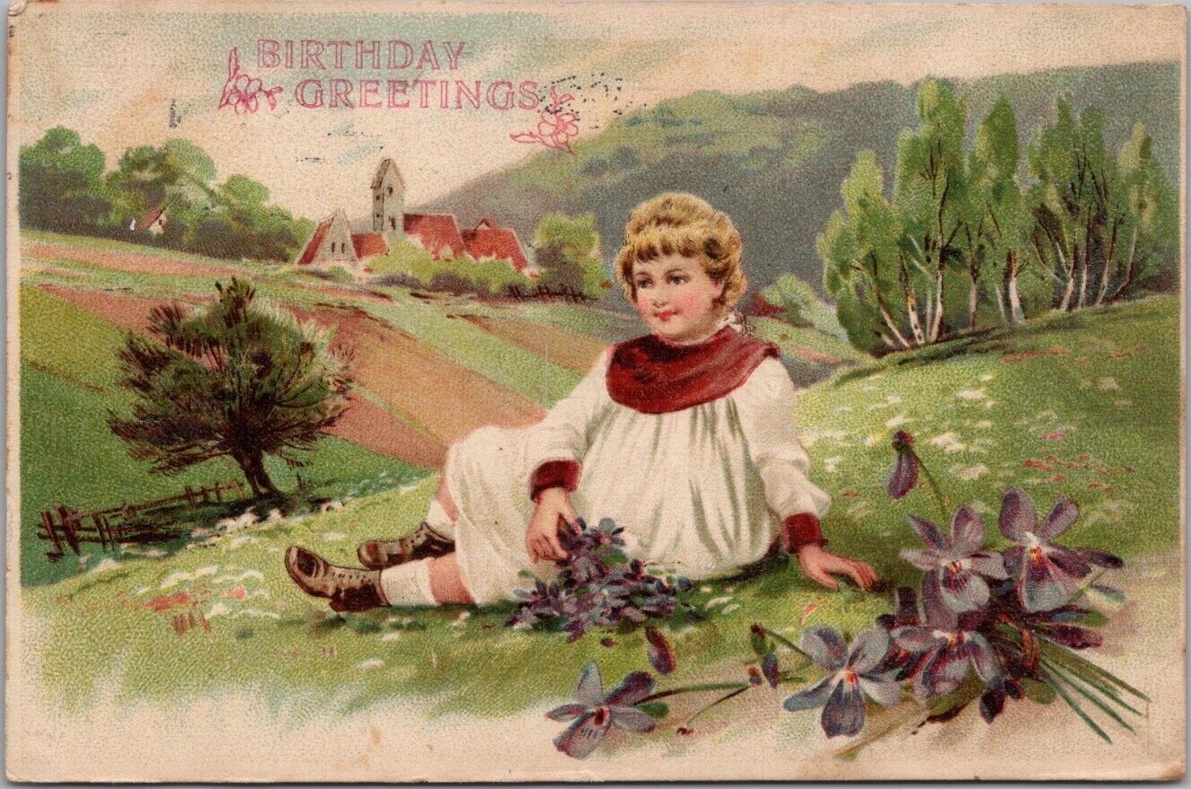Vintage 1911 HAPPY BIRTHDAY Greetings Postcard Girl with Purple Violet Flowers
