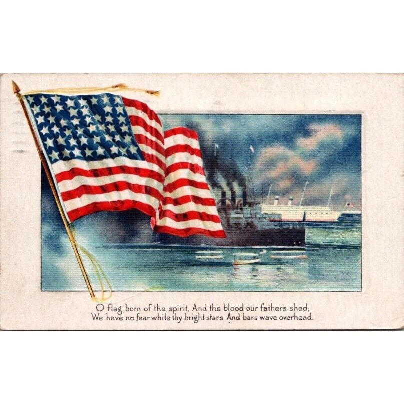 Vintage 1918 Patriotic Postcard With American Flag & Ship WWI No Fear