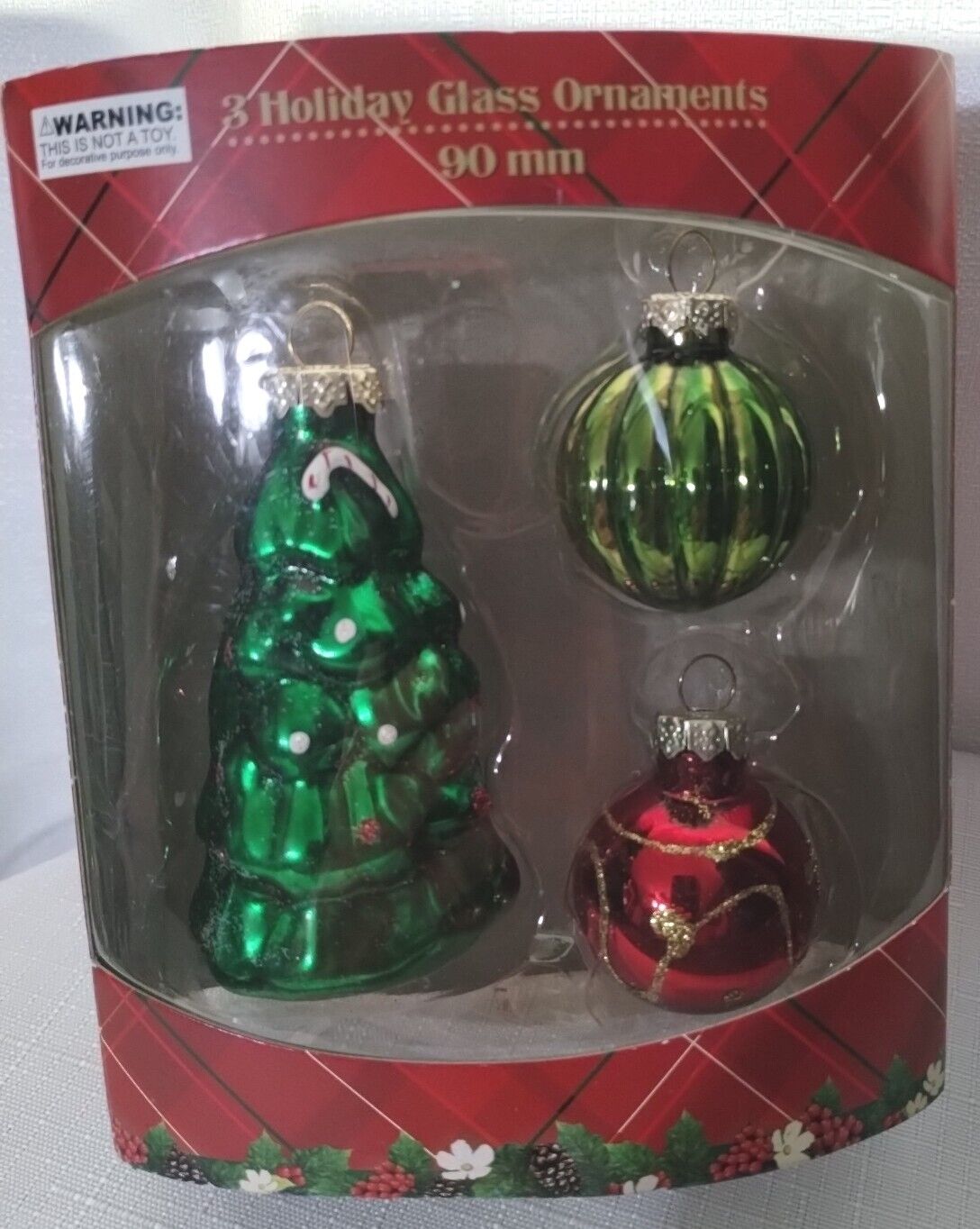Christmas Glass Ornaments Set Of 3 ~ Christmas Tree And 2 Bulbs In Original Box 