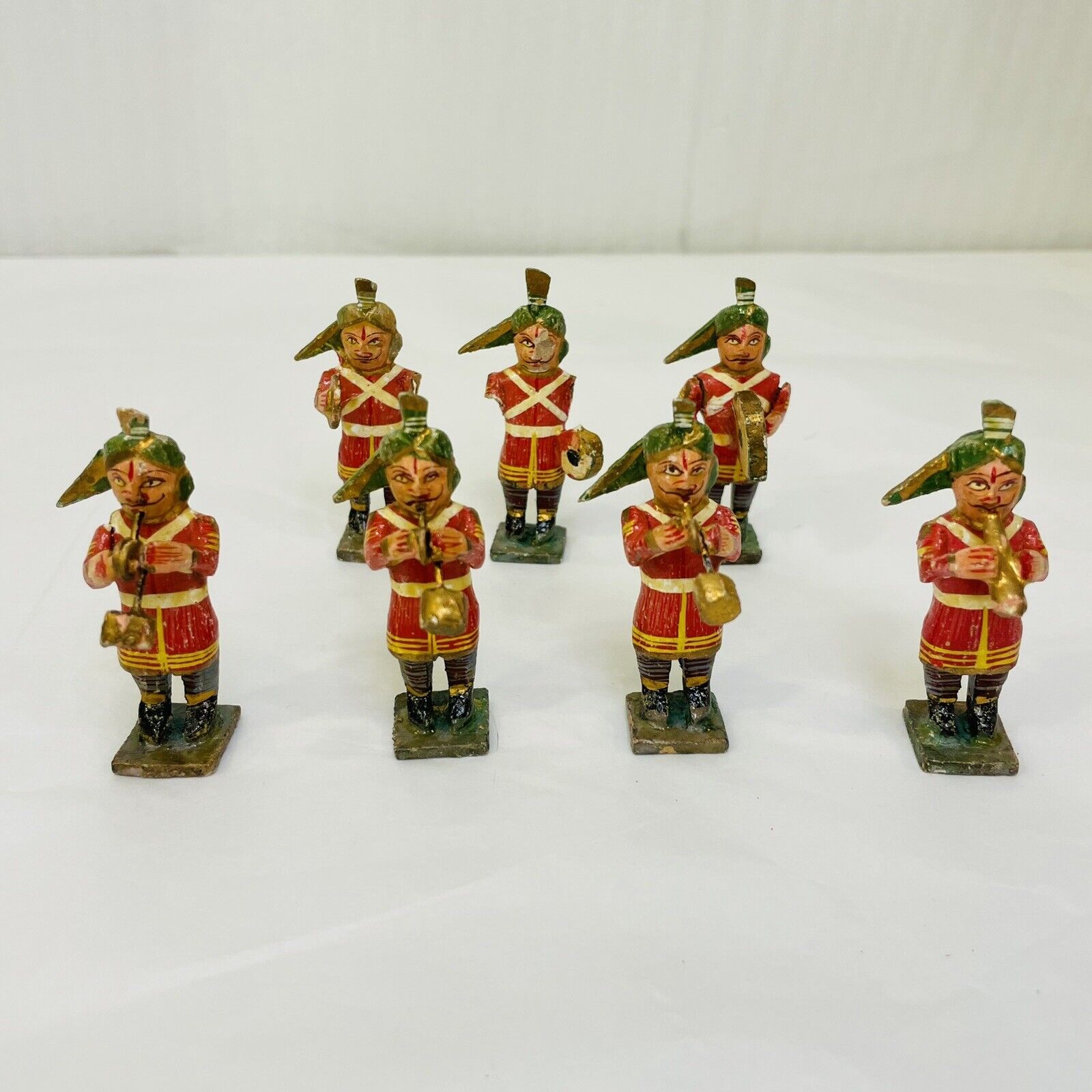 Vintage Hand Carved Wooden Marching Band 2 1/4 in Set of 7 Figures Nepal / India