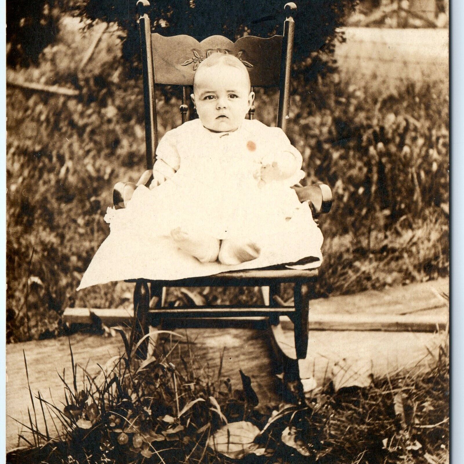 c1910s Adorable Mature Baby RPPC Cute Child Outdoors Chair Real Photo Sharp A173