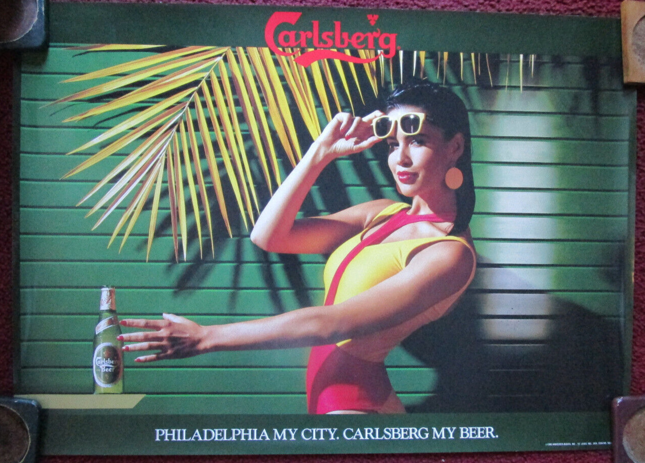 Sexy Girl Beer Poster ~ 1990 CARLSBERG Philadelphia My City, Red Yellow Swimsuit
