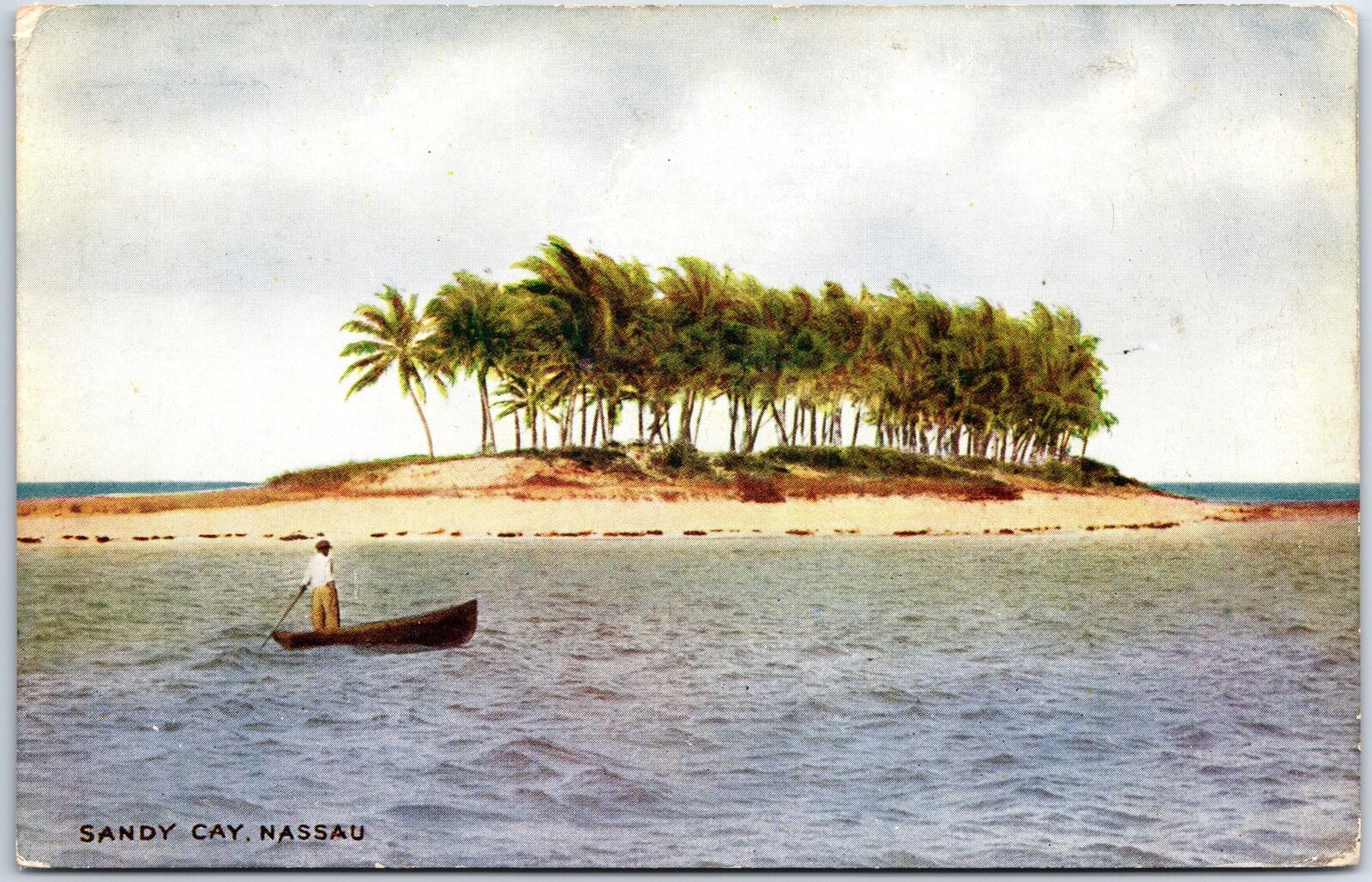 VINTAGE POSTCARD LONELY FISHING BOAT AT SANDY CAY NASSAU BAHAMAS c. 1910s
