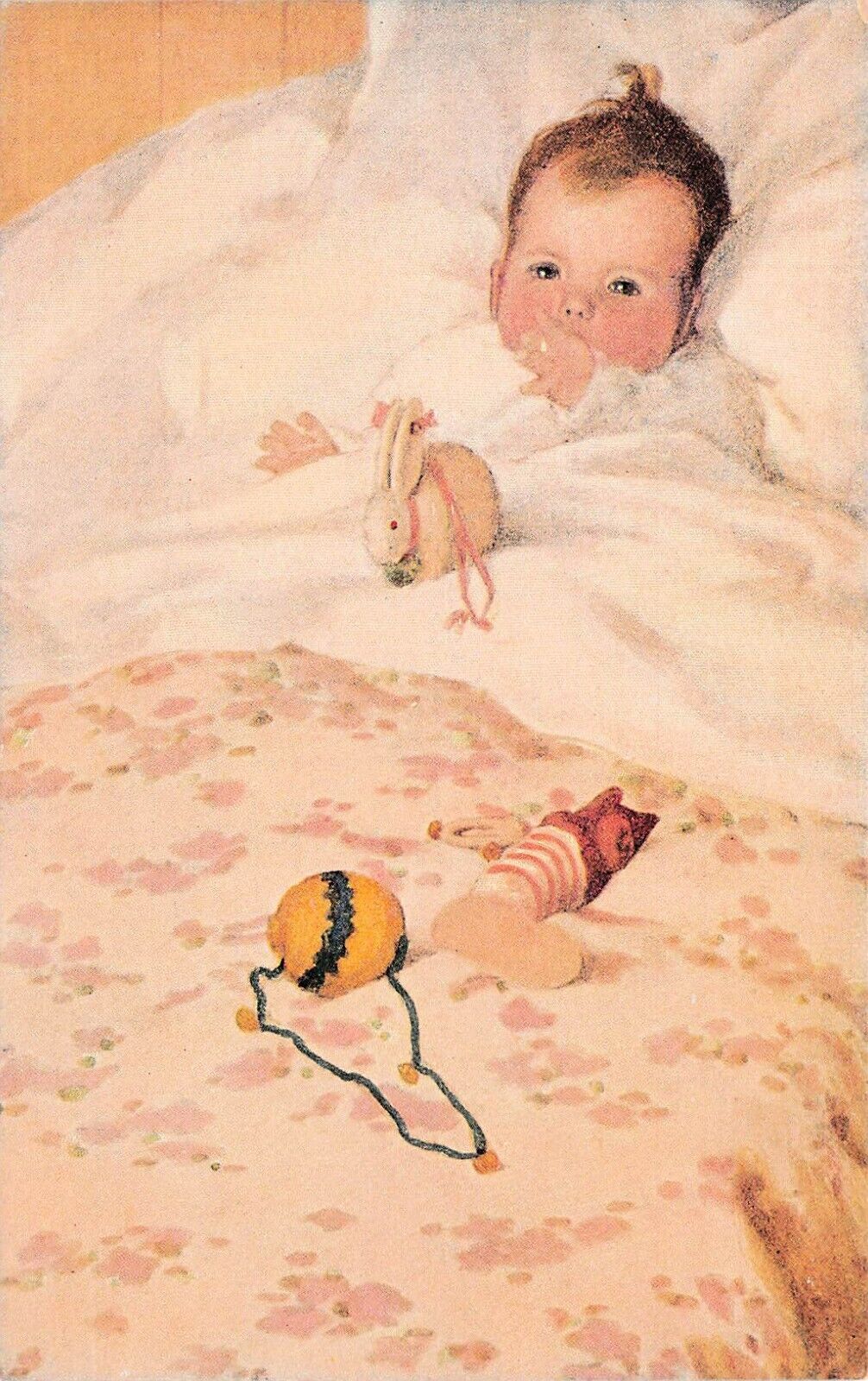 Antique Baby\'s First Christmas Sophia Girl Card Rabbit Toy  Vtg Postcard B30