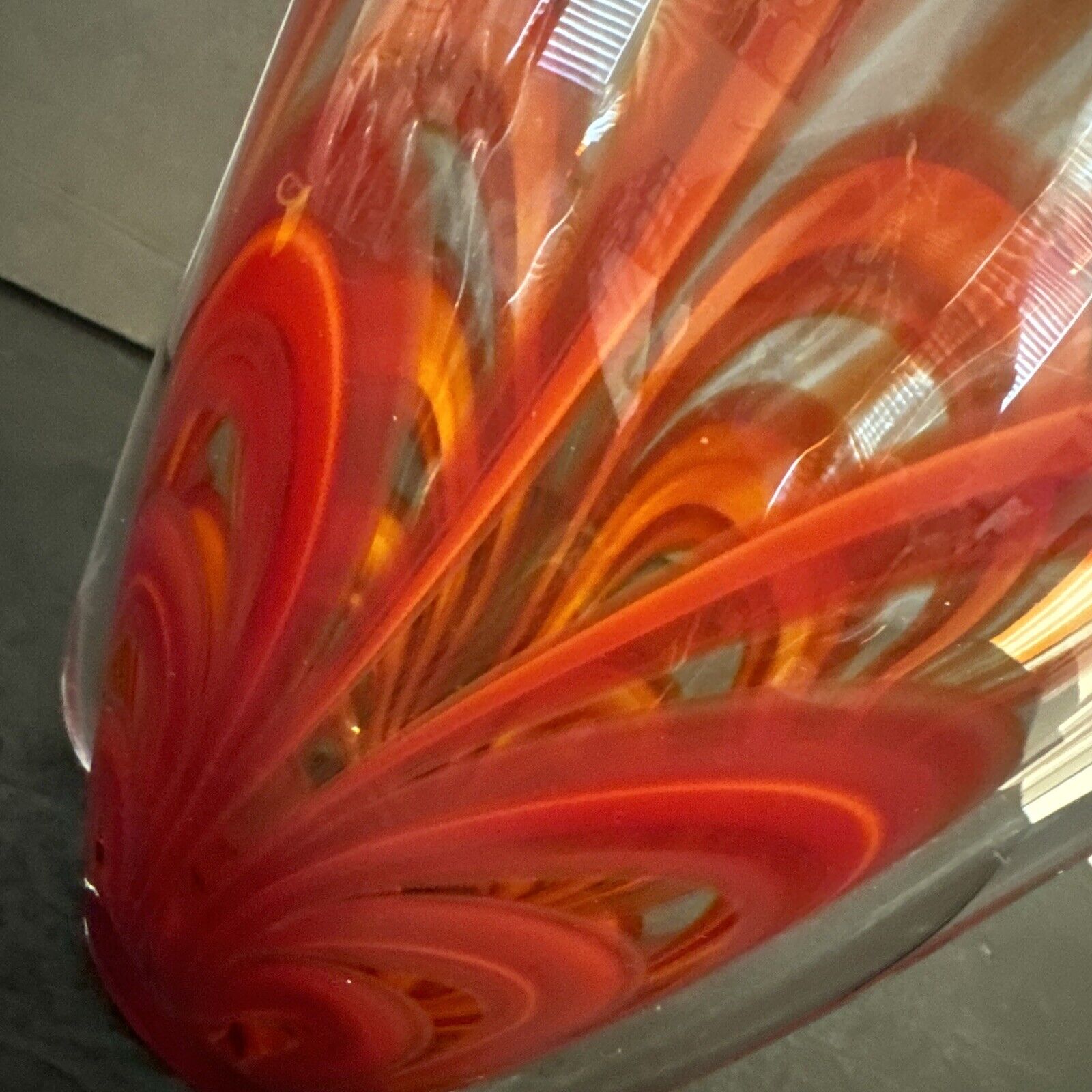Red Pulled Feather Art Glass Vase Tozai Unique Blown Glass Crimped Clear Edge 10