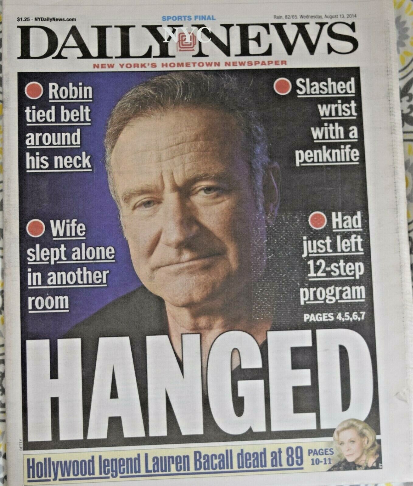 Robin Williams Hanged NY Daily News August 13 2014 🔥