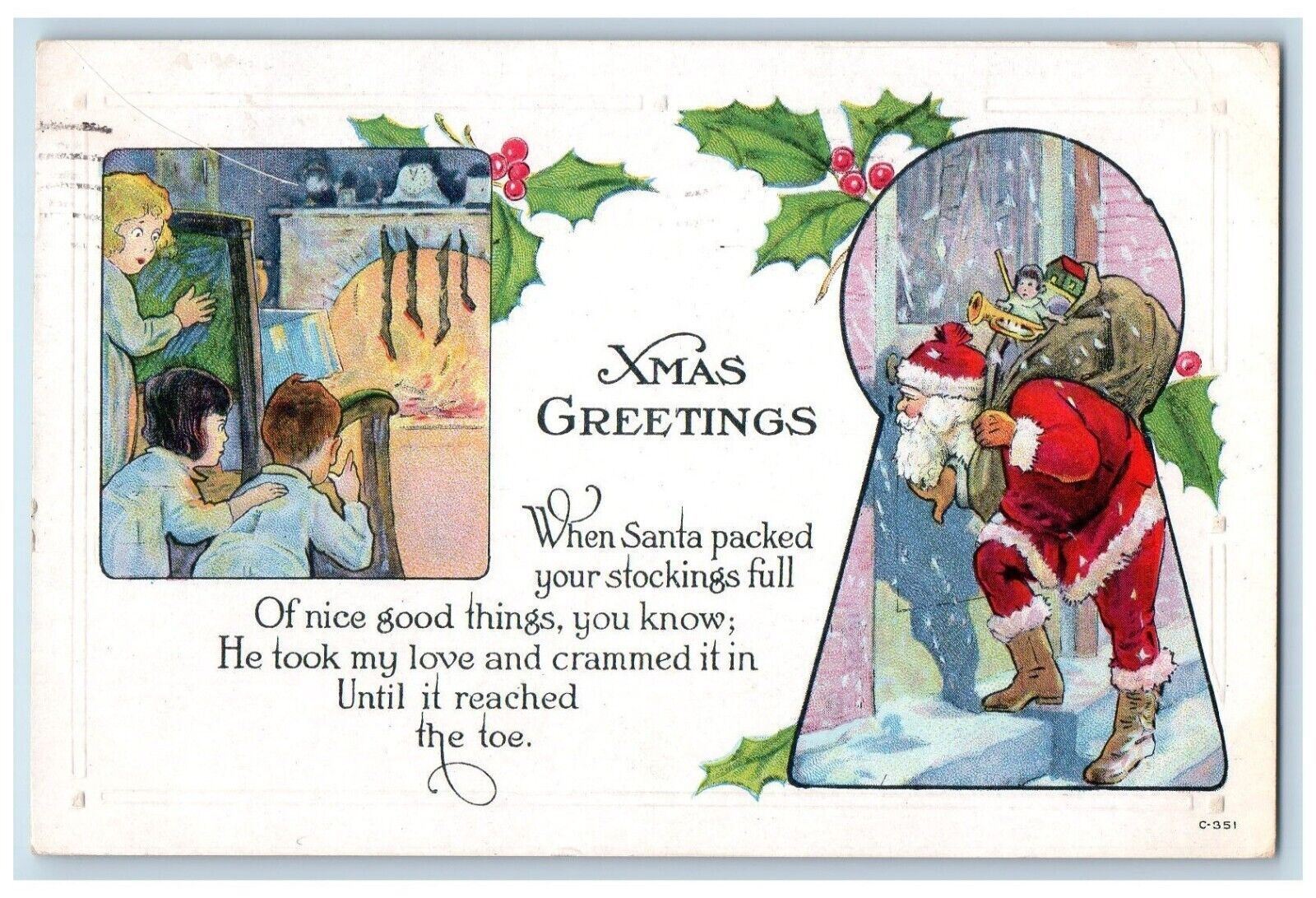 c1920's Christmas Greetings Santa Claus Sack Of Toys Fireplace Stocking Postcard