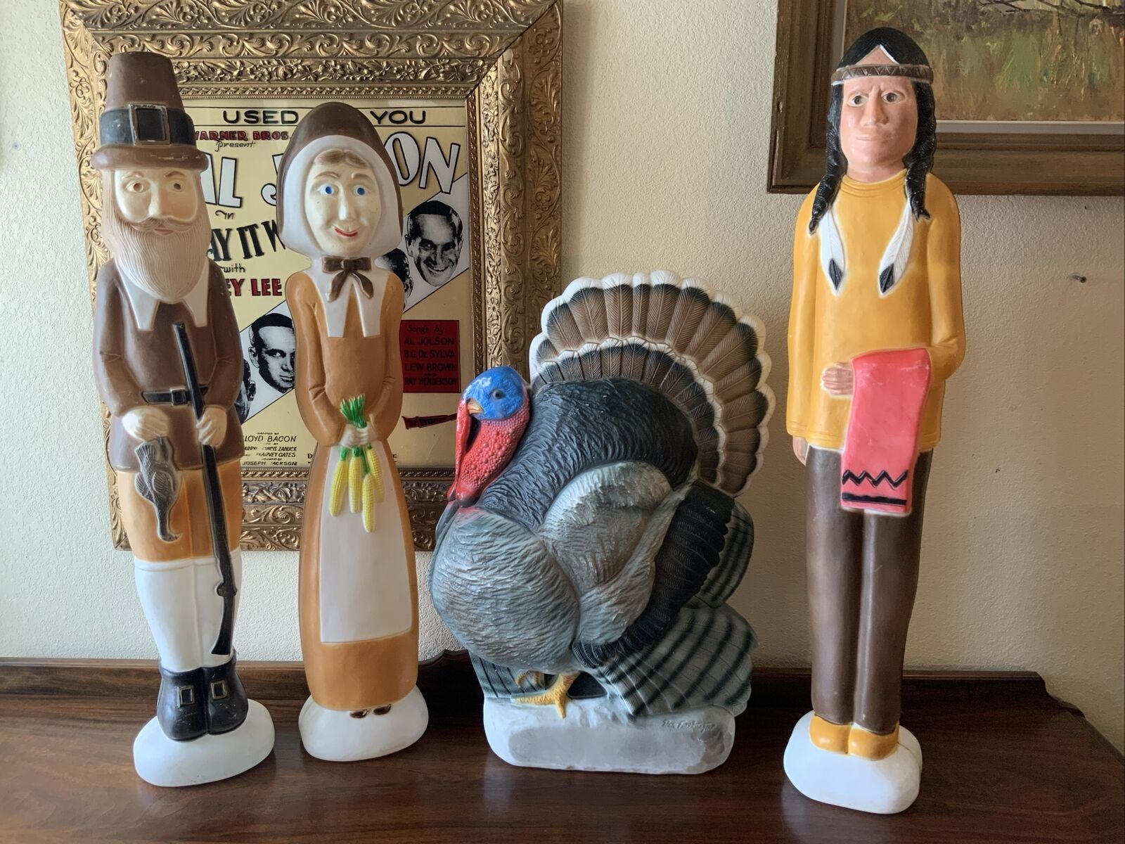 Vintage Don Featherstone Thanksgiving Blow Molds Turkey Pilgrim Native American