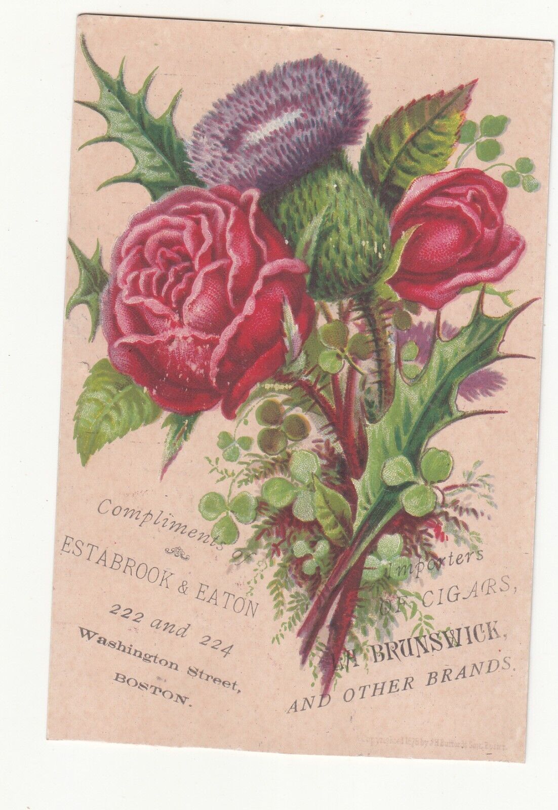 Estabrook & Eaton Cigars L H Brunswick Boston Red Flowers Calendar Card 1880s