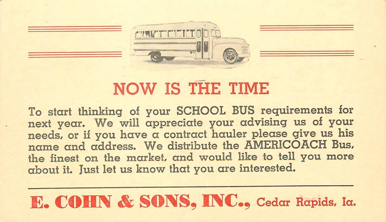 COHN & SONS SCHOOL BUS AD, VINTAGE POSTCARD (K146)
