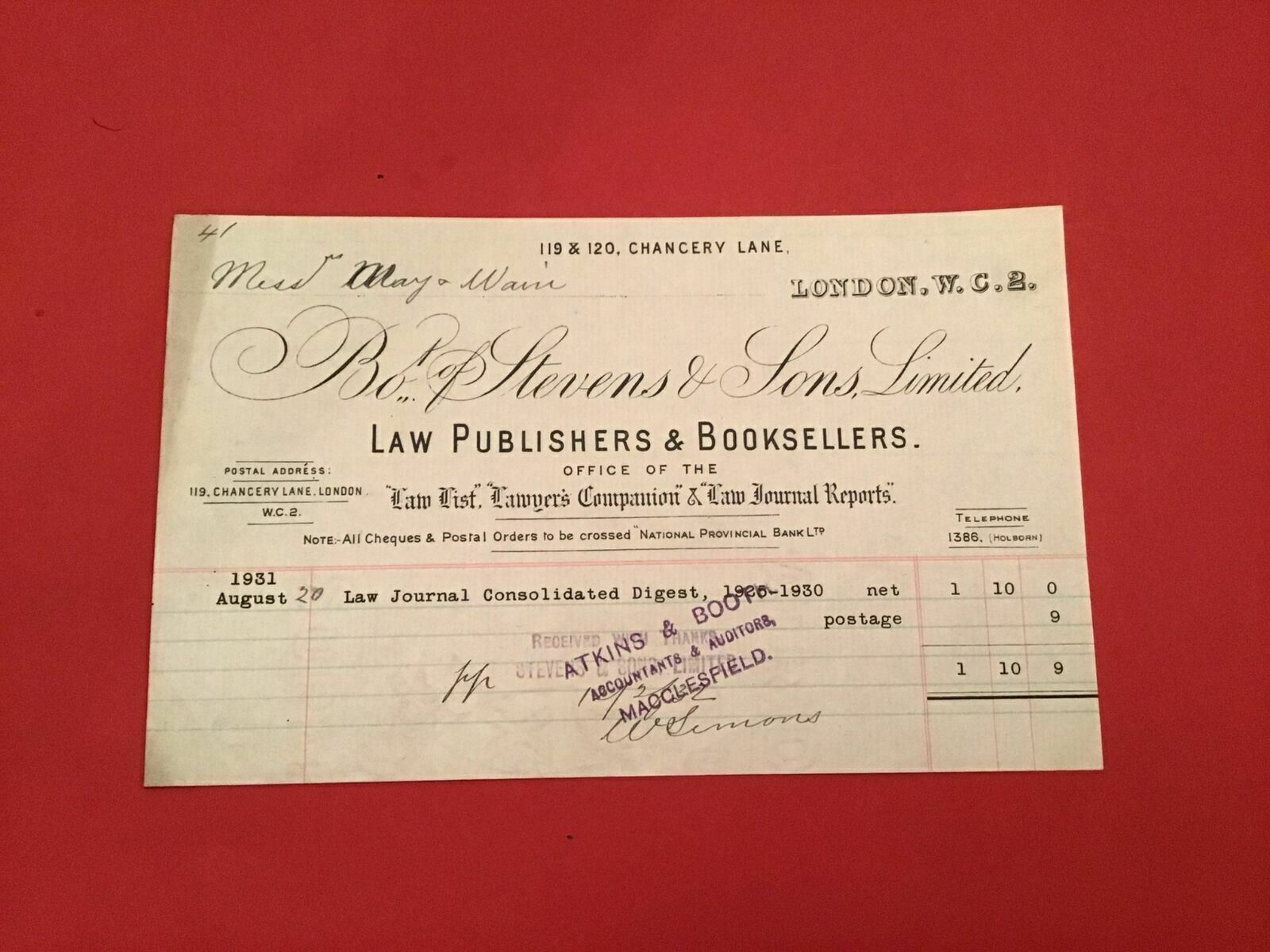 Stevens & Sons Ltd 1931 Law Publishers & Booksellers London receipt R35105