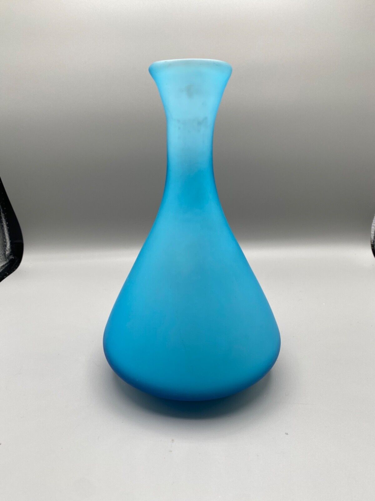 Vintage Aqua Blue Frosted Satin With Encased White Glass Vase 9” EUC 