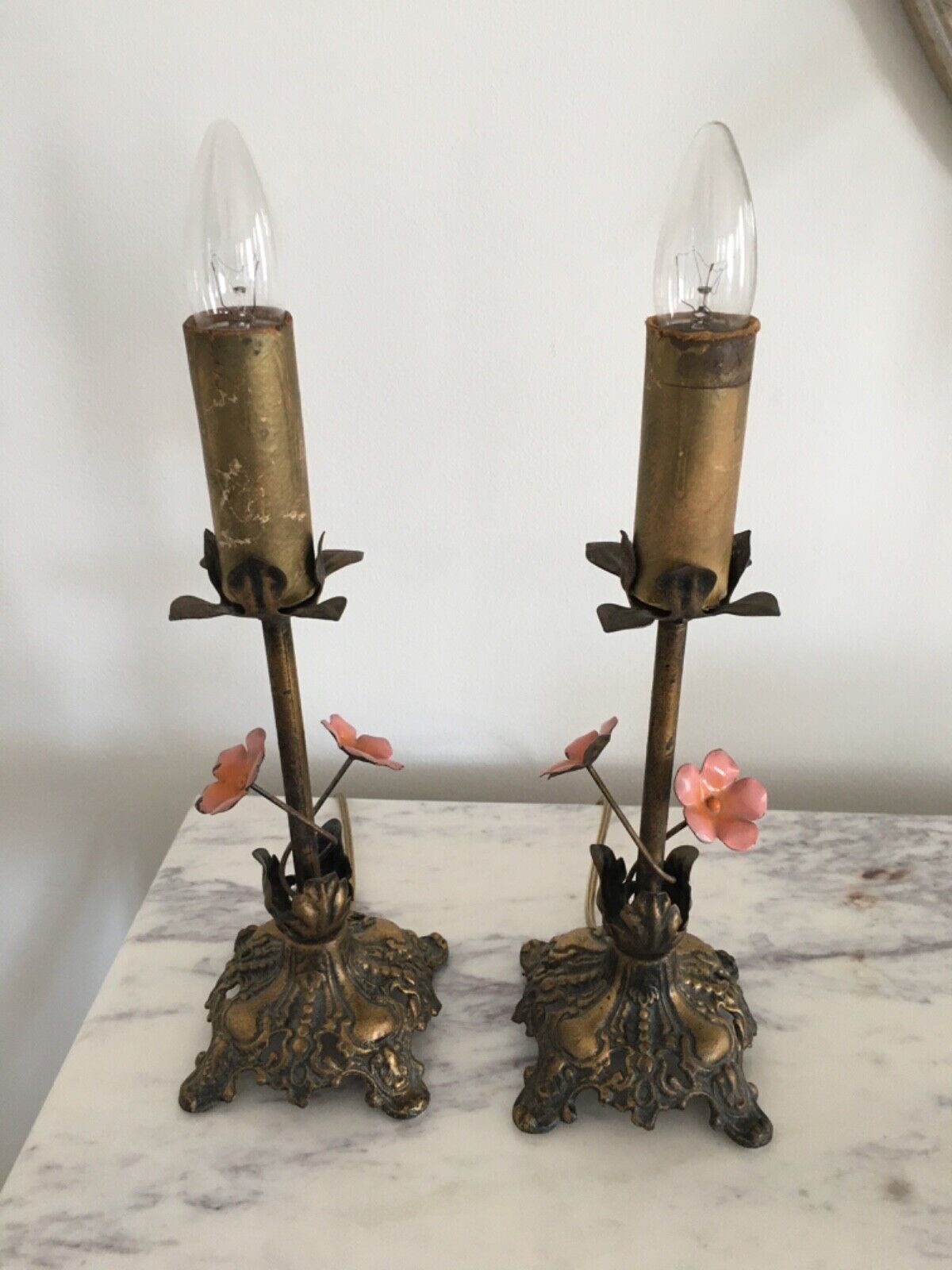 Antique Rare Pair of Table/Vanity Lights gold color with pink flowers  